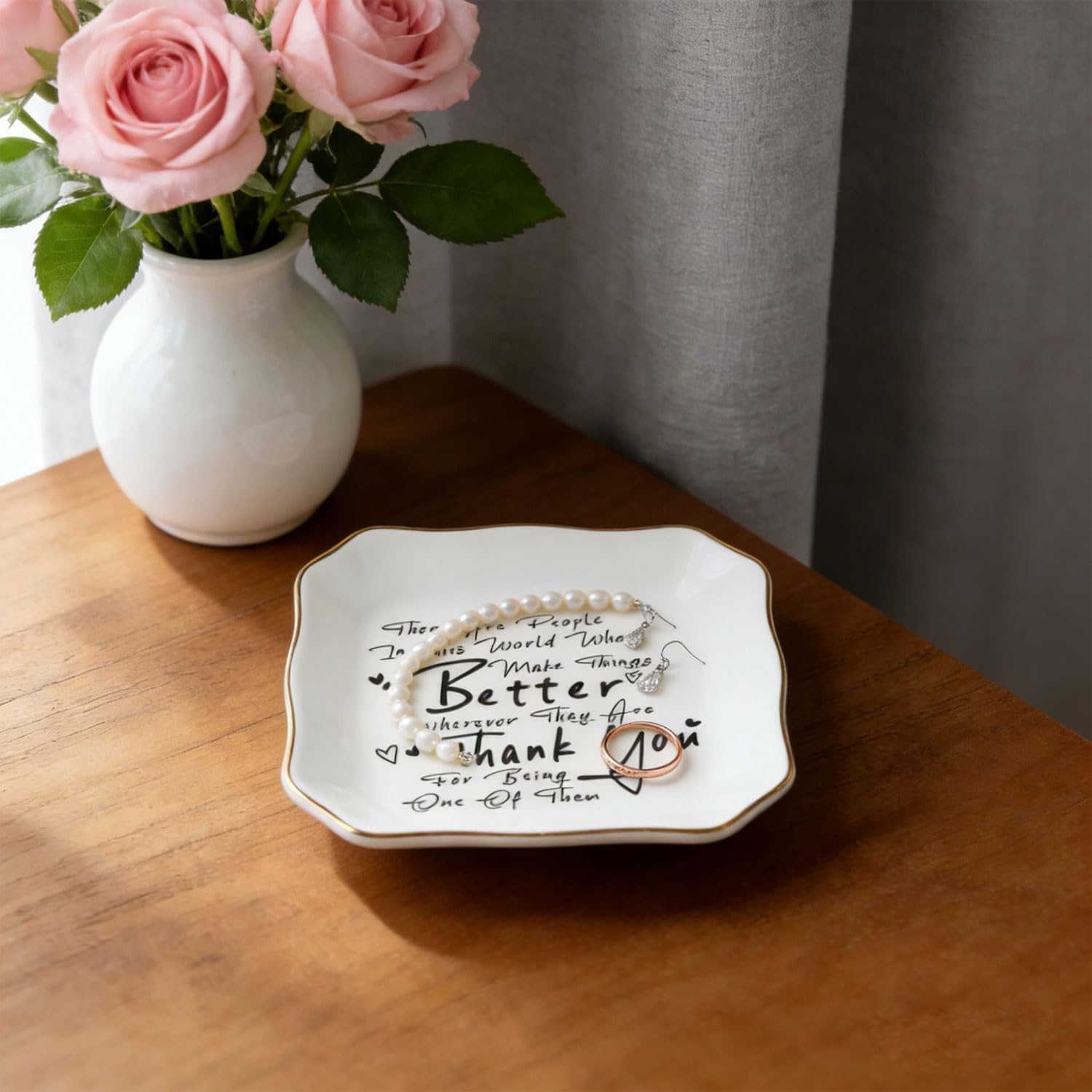 Ceramic Trinket Tray with Inspirational Thank You Quote - ASF | Jewelry Dish Ring Holder, Appreciation Gift for Coworker Teacher Nurse, Christmas Mother's Day Farewell Retirement Birthday