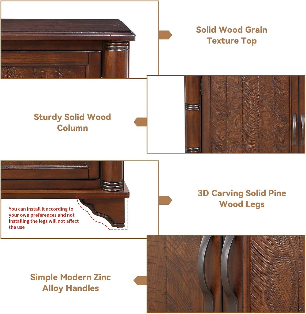 40" Sideboard Cabinet 2-Doors Solid Wood, Retro Buffet Cabinet with Stor...