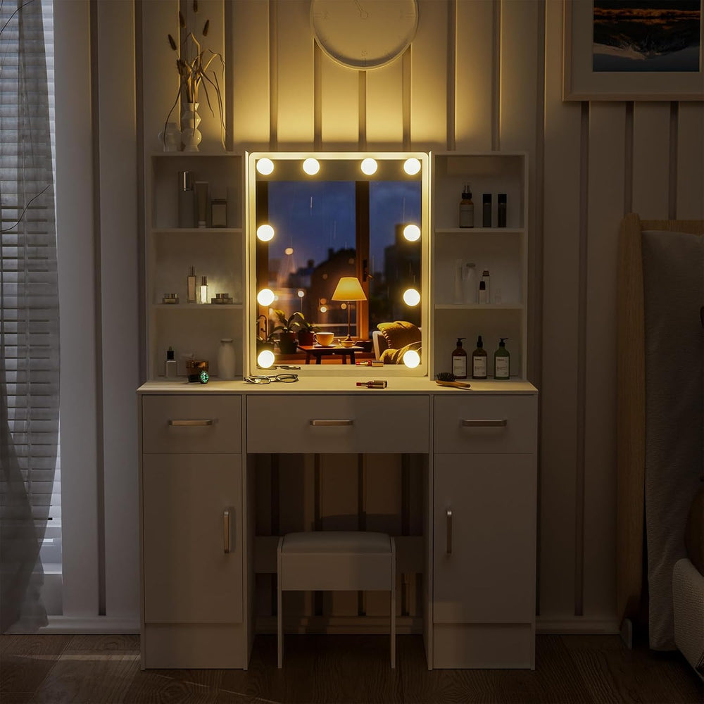 White Dressing Table with Mirror and Lights, Makeup Vanity Desk with 3 Drawer...