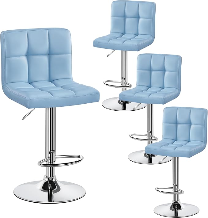 Yaheetech Bar Stools Set of 4, Adjustable PU Leather Swivel Barstools, Modern Counter Stools with Back and Footrest, Counter Height Barstools for Bar, Kitchen, Dining Room, Blue