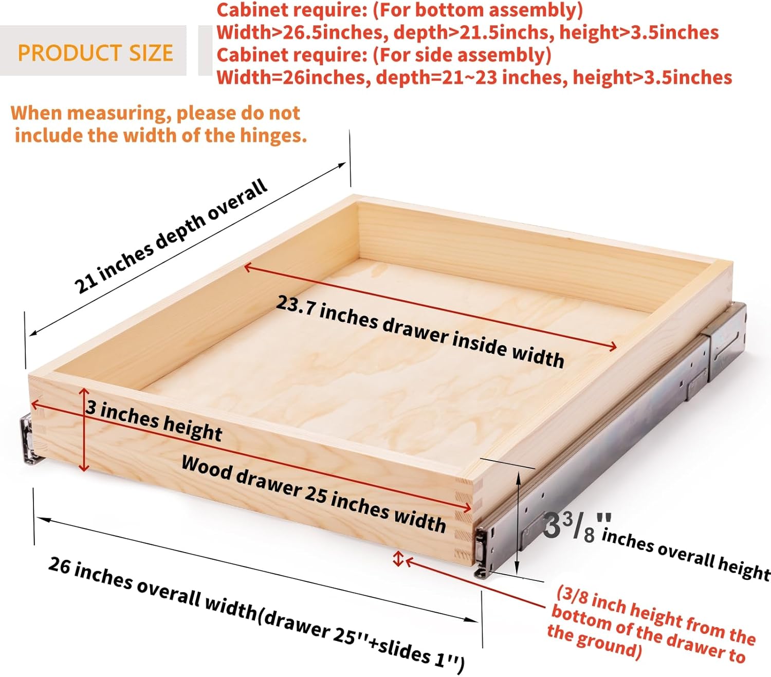 26''W x 21''D x 3''H Pull Out Cabinet Drawer Soft Close Slide Out Wood Organizer for Kitchen, Finished, Bottom and Side Assembly (Wood Drawer Part Width is 25inch)