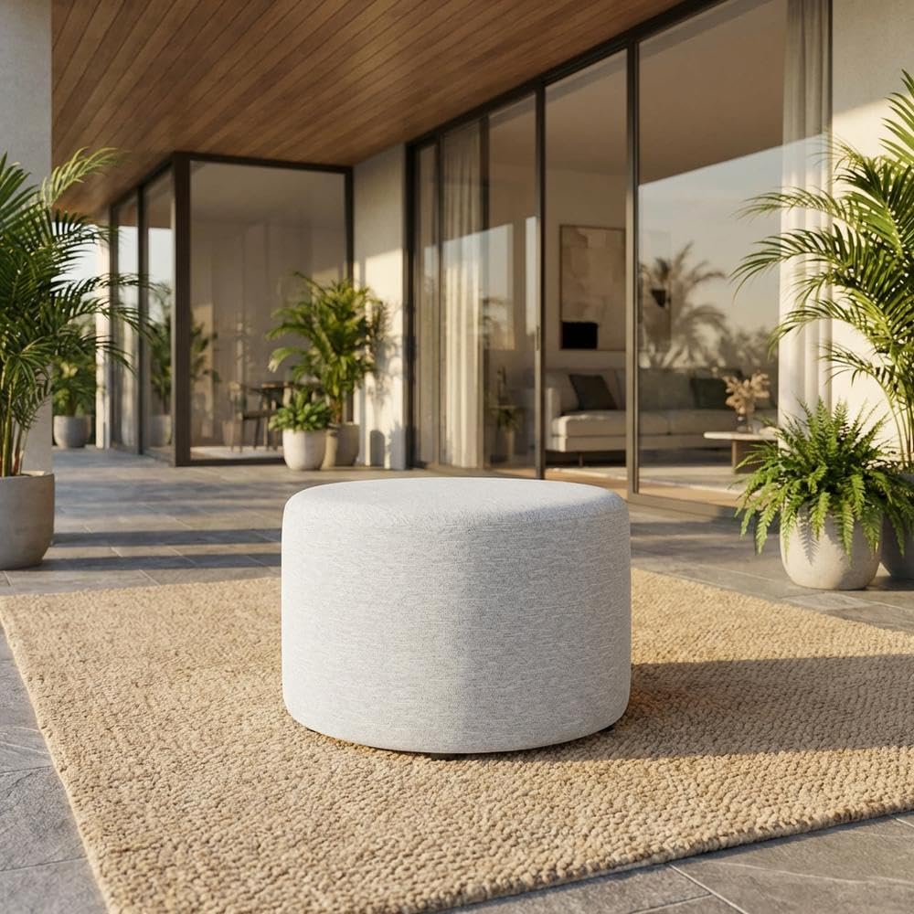 Gray 23" Round Woven Heathered Fabric Upholstered Ottoman, Outdoor Sitti...