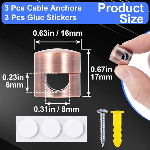 3 Sets Charger Holders for Cords, Red Bronze Color Adjustable Cable Anchor Holders, Adhesive Metal Cord Clips, Cable Management Wire Organizers for Desk, Office, Nightstand