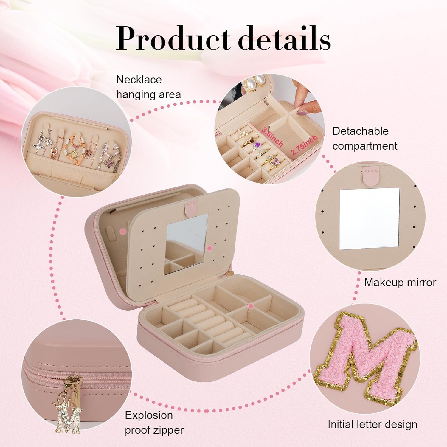 TopPerfekt Travel Jewelry Case, Jewelry Box with Mirror, Jewelry Organizer Bridal Shower Gifts to Her, Earring Storage Travel Case, Trendy Gift for Women and Girls, Girlfriend-Letter S, Pink
