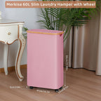 Slim Laundry Basket with Wheels,Narrow Hampers for Laundry,Freestanding Laundry Hamper with Lid&Bamboo Handles,Collapsible & Waterproof Tall Cloth Hamper for Dorm Family(60L Pink)