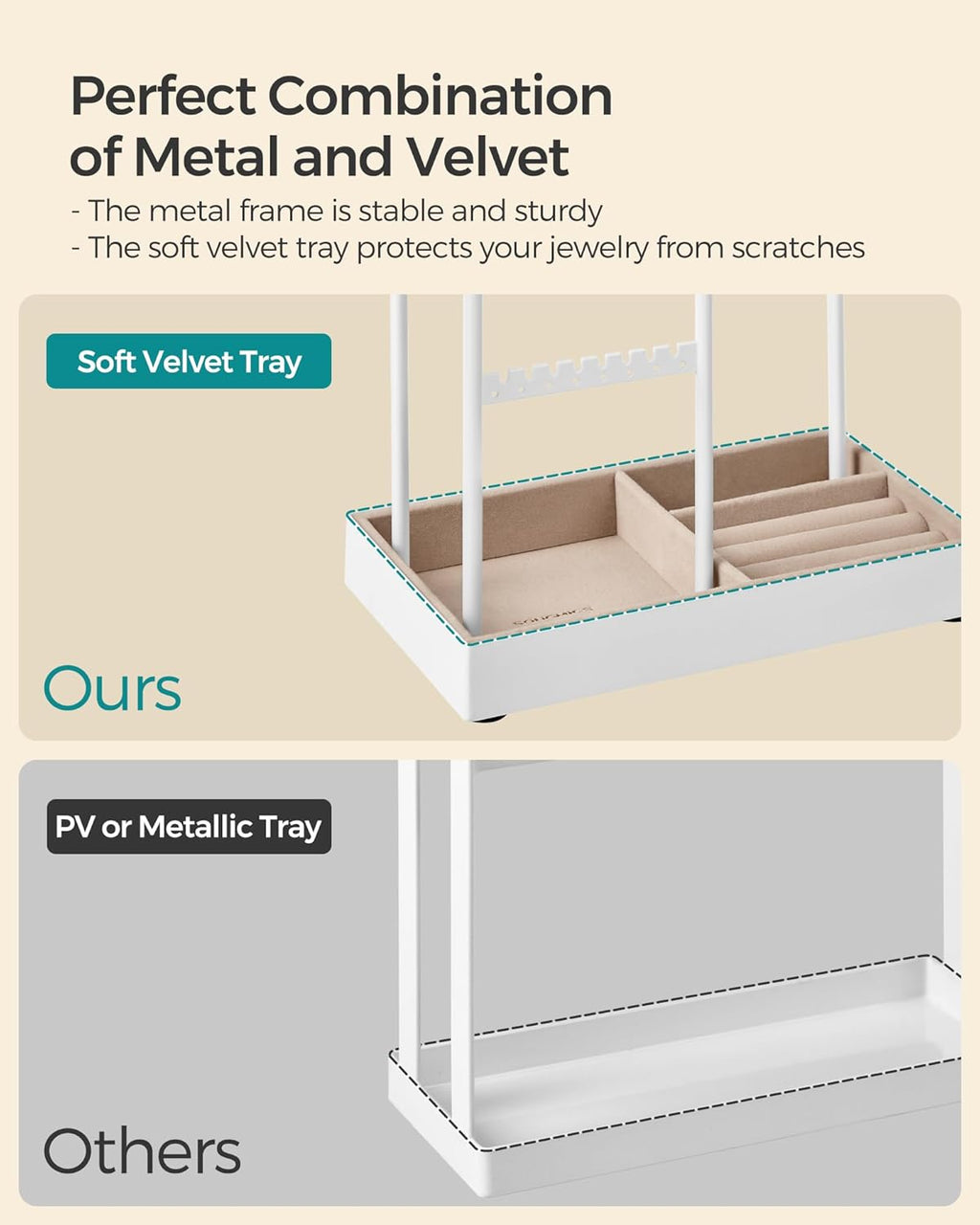 SONGMICS Jewelry Holder, Jewelry Organizer, Jewelry Display Stand with Metal Frame, Velvet Tray, Necklace Earring Bracelet Holder, for Studs, Rings, Christmas Gift, Matte White UJJS021W01