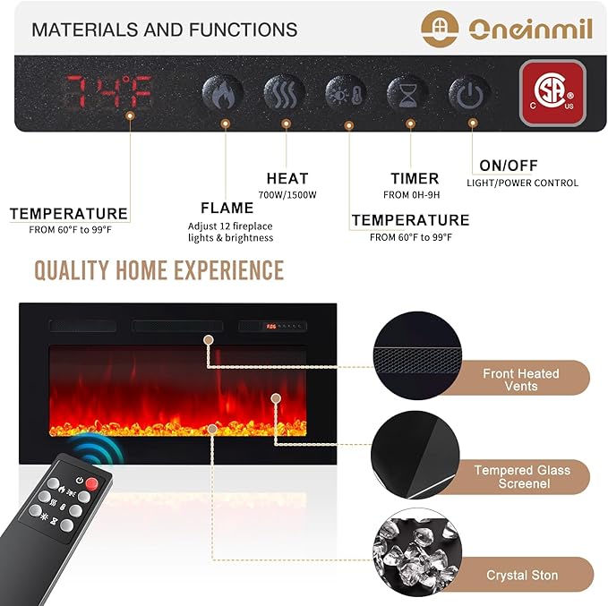 oneinmil 90” TV Stand with 50” Electric Fireplace, Large Modern Media Enterta...