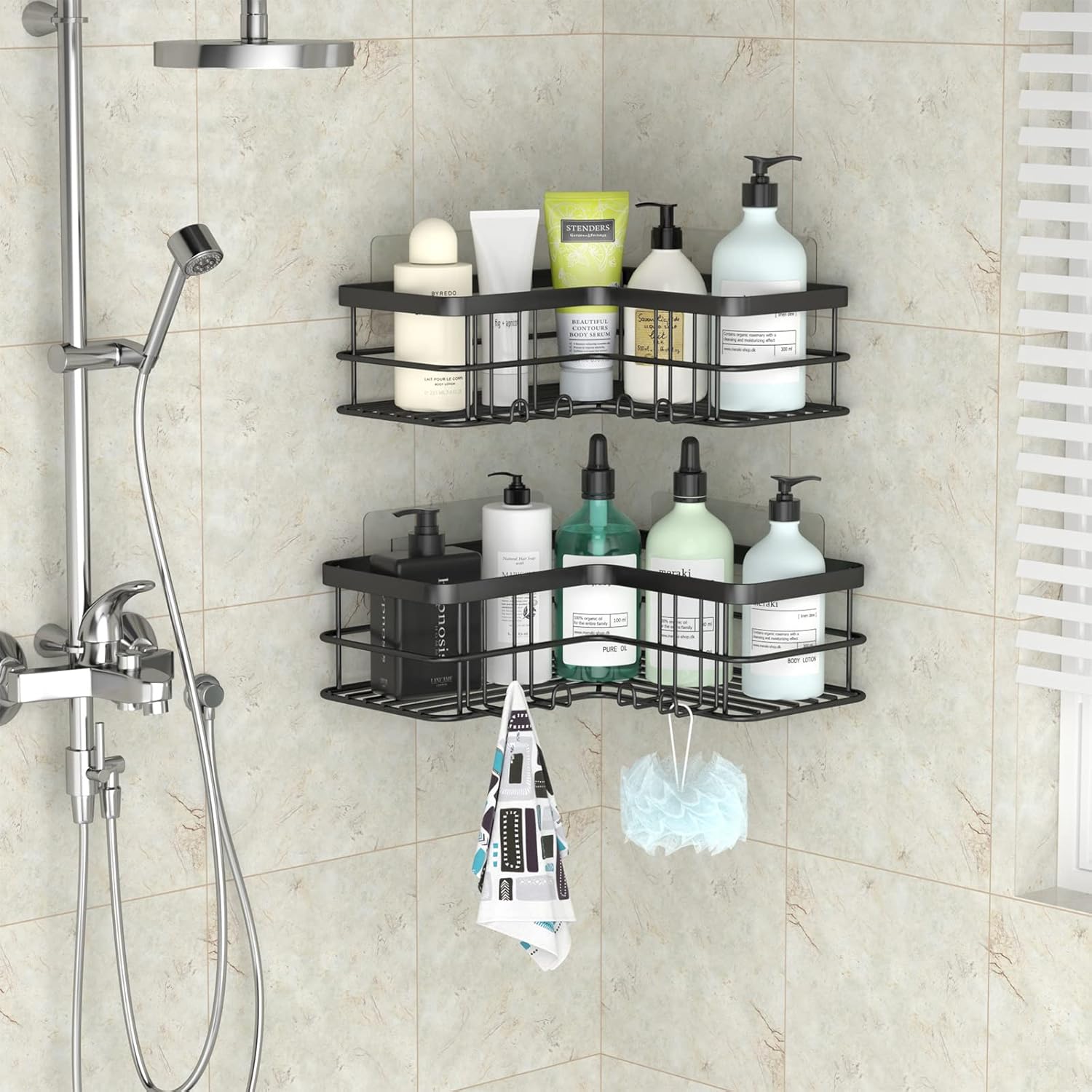 Yazoni Corner Shower Caddy, Adhesive Shower Shelves No Drilling [2-Pack], Rustproof Stainless Steel Bathroom Shower Organizer Wall Mounted with 8 Hooks (Black)