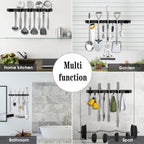 Black 5 Racks and 4 Hooks Mop and Broom Holder Wall Mount, Broom Organizer Storage Tool Racks Stainless Steel Heavy Duty Hooks Self Adhesive Solid Non-slip for Home Kitchen Garden Laundry Garage