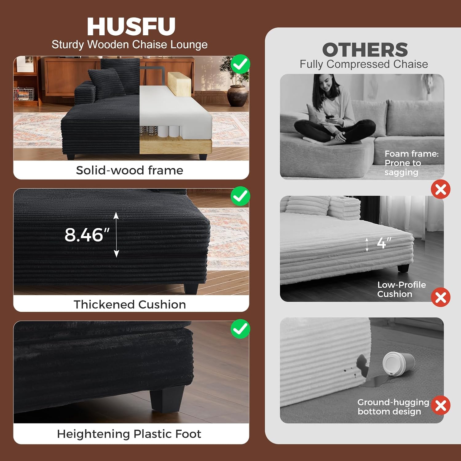 60" Oversized Chaise Lounge Chair with Wood Frame, USB Charging Port, Black | Comfy Plush Faux Fur, 2 Cup Holders & 3 Throw Pillows, Upholstered Sofa Bed for Living Room, Movie Room