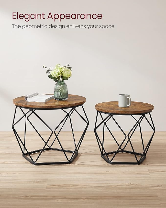 VASAGLE Small Coffee Table Set of 2, Round Coffee Table with Steel Frame, Sid...