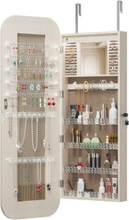Montary Door or Wall-Mounted Jewelry Cabinet with Full-Length Mirror - Lockable Storage Organizer with Built-In LED Lighting, Hidden Jewelry Armoire for Bedroom & Closet, White