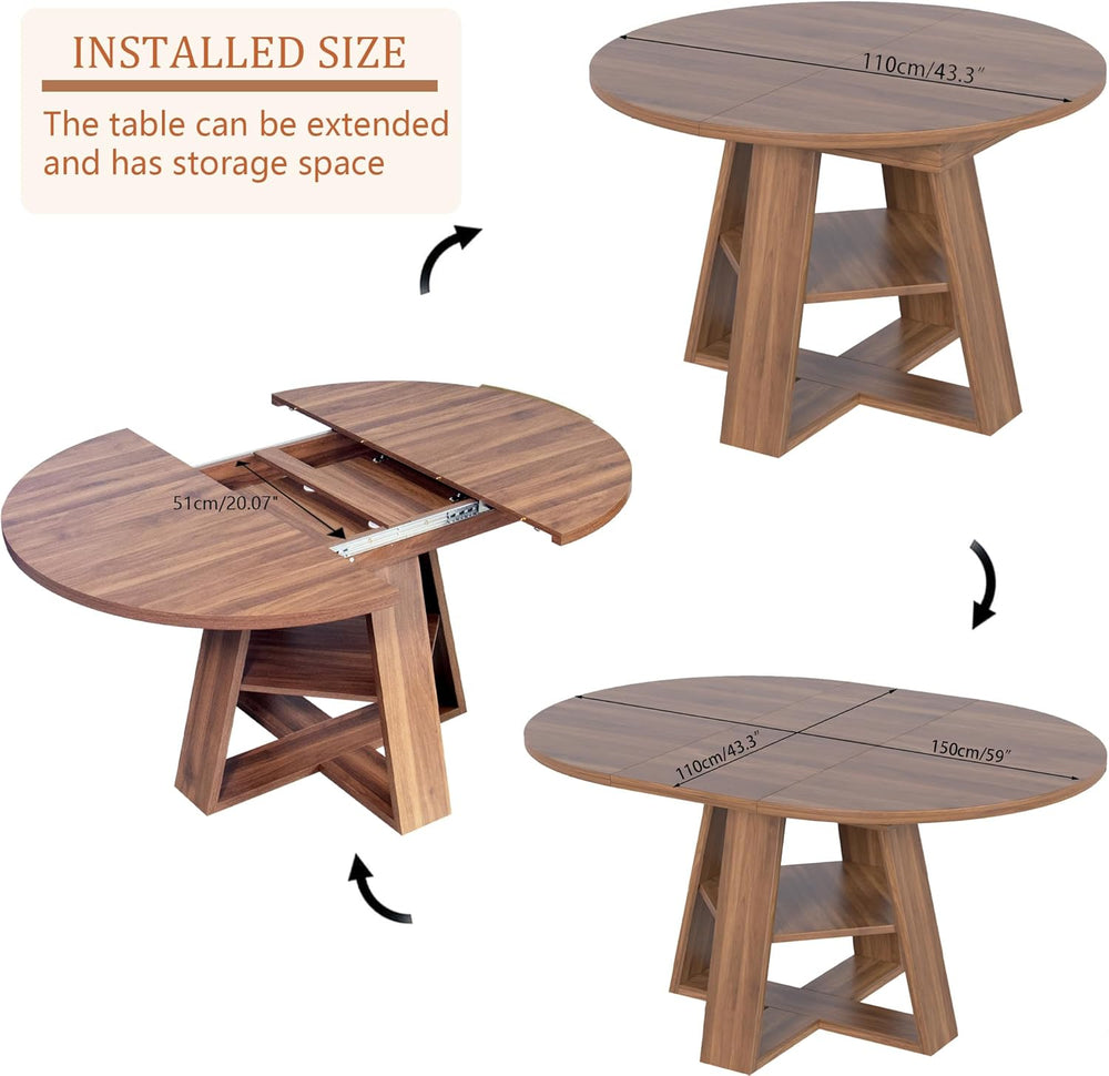 43.3"-59" Extendable Round Oval Dining Table for 4-8 with Storage S...