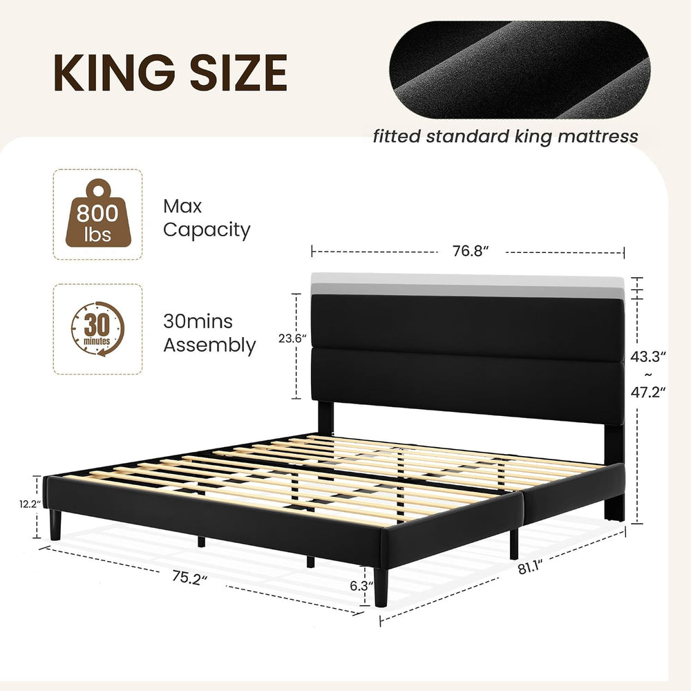 GRUSIGN King Size Platform Bed Frame with Velvet Headboard, Adjustable Height...