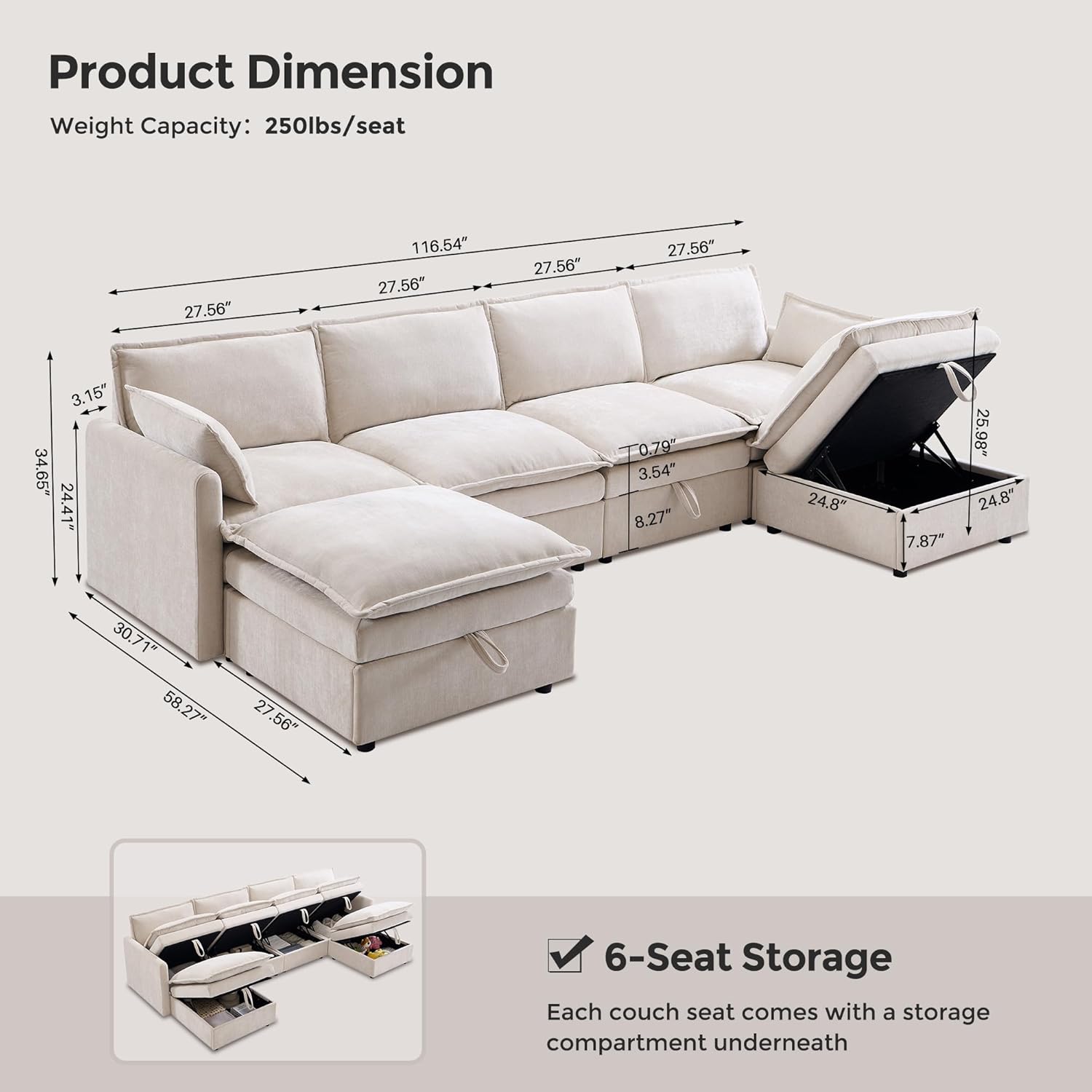 116.54" Sectional Couches for Living Room, Cloud Couch Sectional with Large Storage, U-Shape Modular Sectional Sofa with Ottoman,6 Seater Chenille Sofa with Pillow for Apartment, Bedroom, Beige
