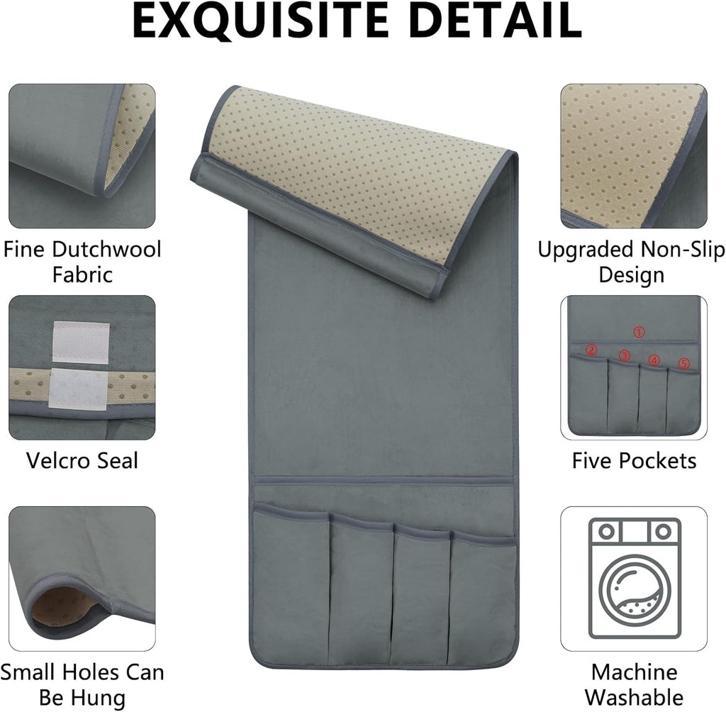 TV Remote Control Holder Couch Caddy, Non-slip Bedside Caddy Organizer with 5 Pockets for Key Glasses Phone Magazine Holders (Gray, 35"x12.4")