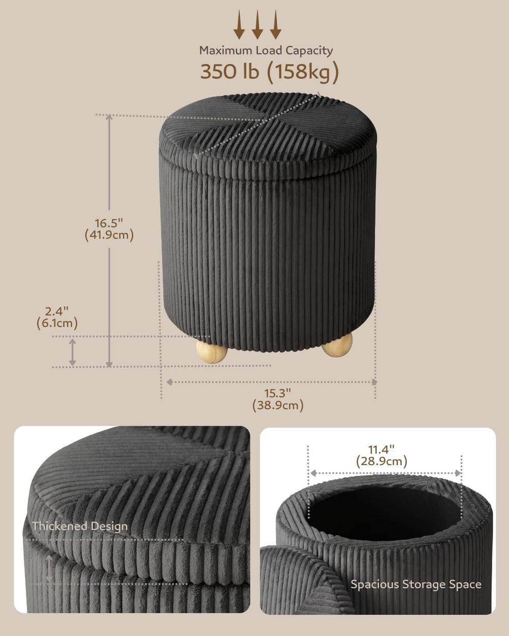 Adeco Velvet Storage Ottoman, Round Upholstered Vanity Stool for Makeup, 15.4...