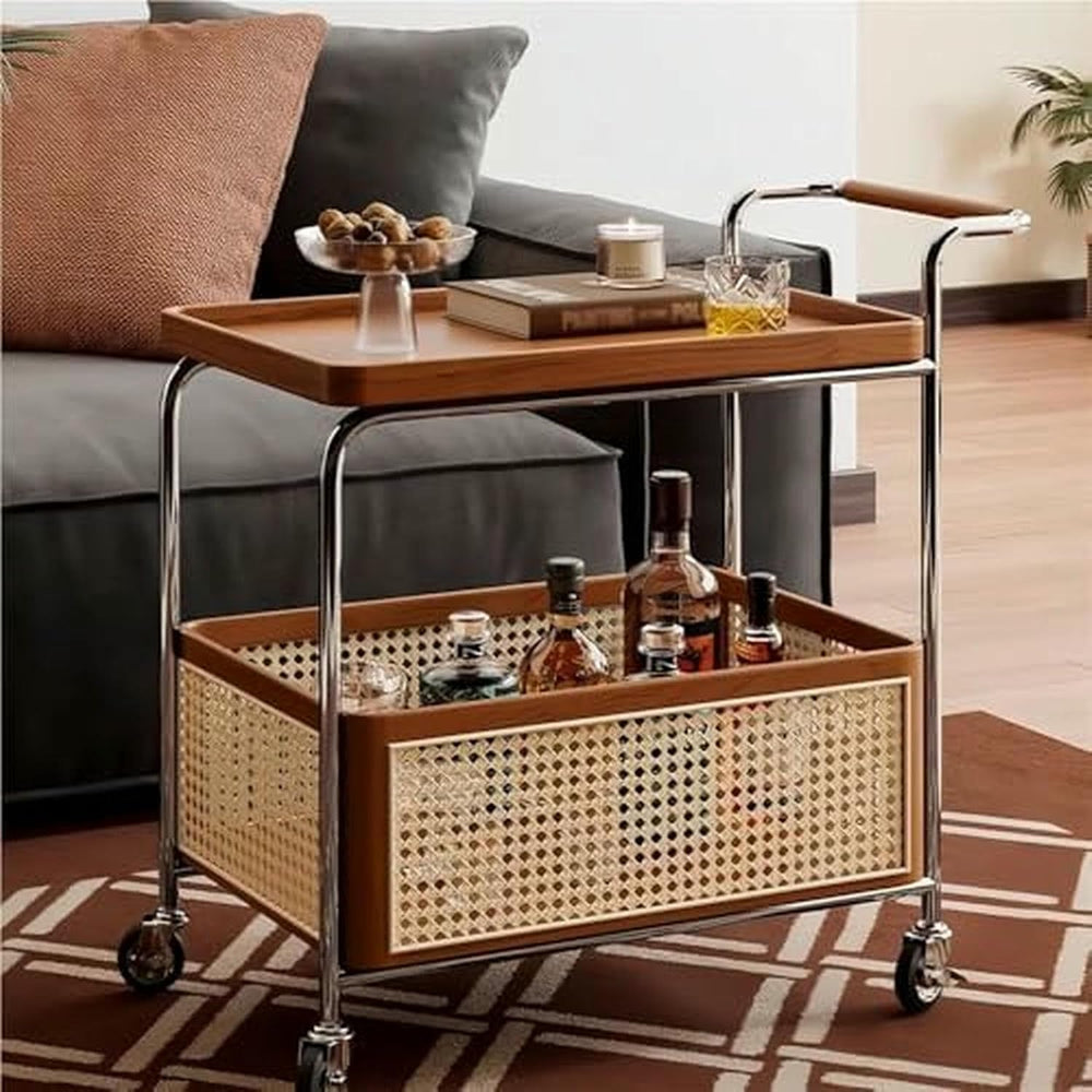 Rolling Rattan Side Table with Wheels - 2-Layer Storage Coffee Table & En...