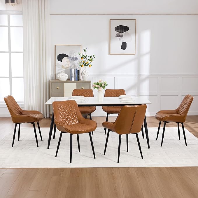 Dining Chair Set of 6, Modern Dining Chairs with Thick Cushions, Faux Leather Upholstered Kitchen Dining Room Chairs with Metal Adjustable Legs for Dining Living Room, Brown
