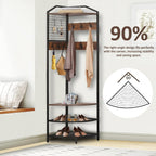 Corner Coat Rack, Hall Tree with Bench and Shoe Storage | Wood Entryway Organizer with 14 Metal Hooks, Freestanding Corner Shelves for Entryway, Hallway