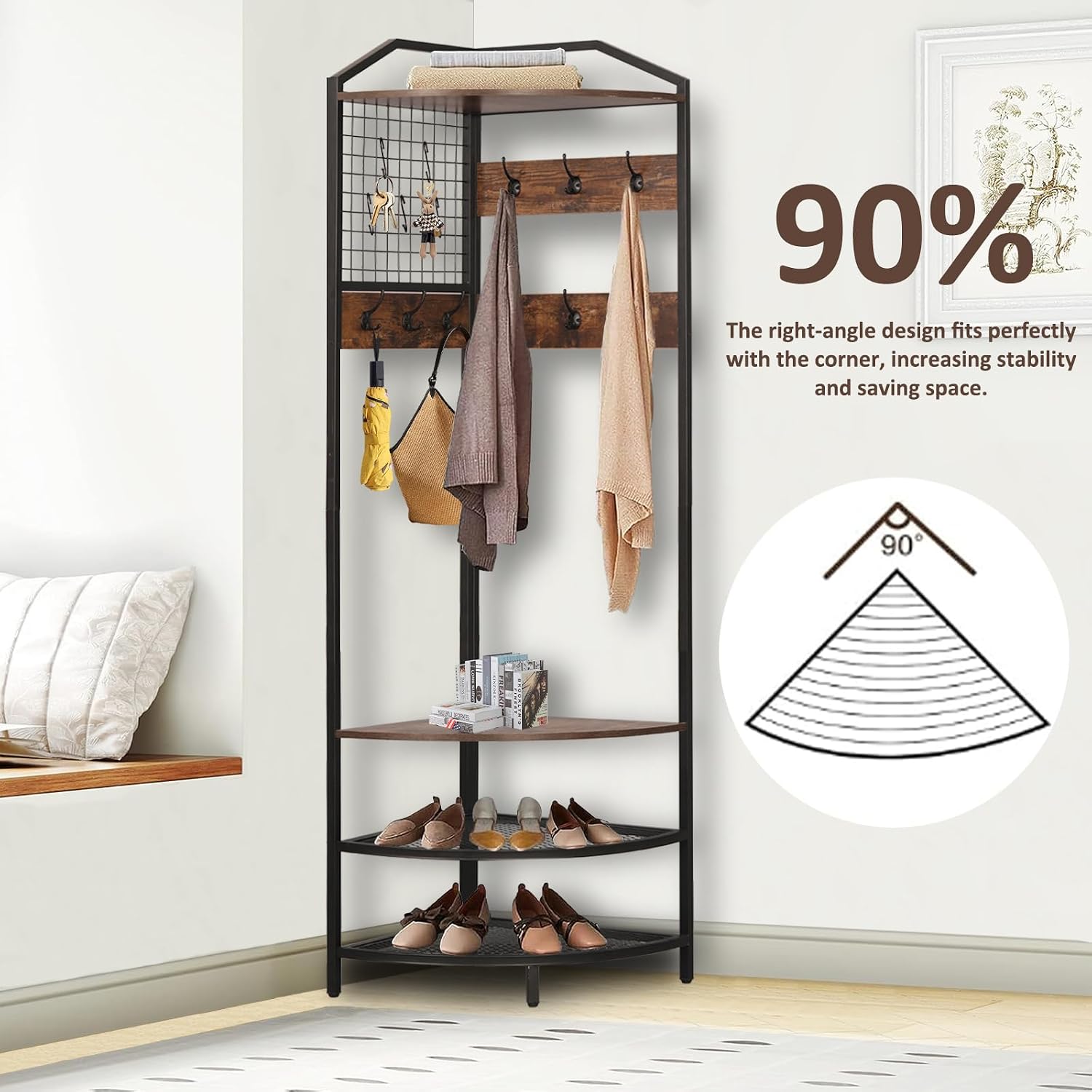 Corner Coat Rack, Hall Tree with Bench and Shoe Storage | Wood Entryway Organizer with 14 Metal Hooks, Freestanding Corner Shelves for Entryway, Hallway