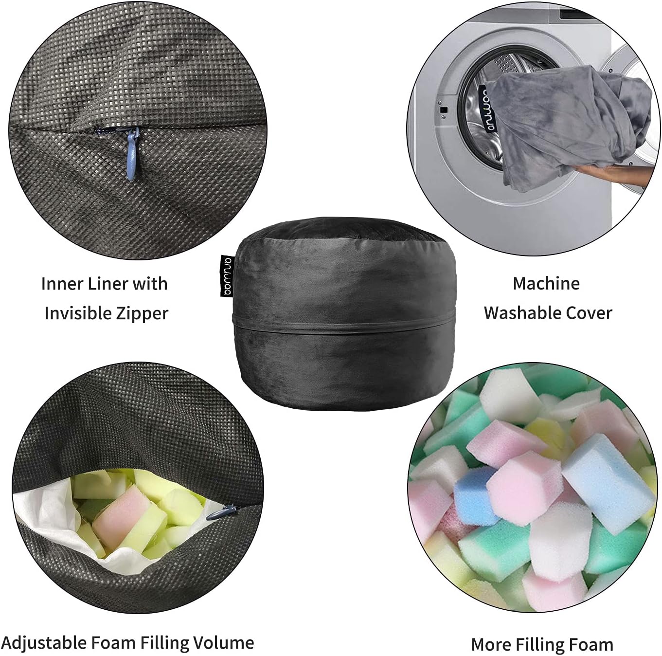 Bean Bag Chair for Adults, 4FT High-Rebound Memory Foam Bean Bag Sofa with Removable Cover, Oversized Bean Bag Couch for Gaming, Reading, and Relaxation, Black