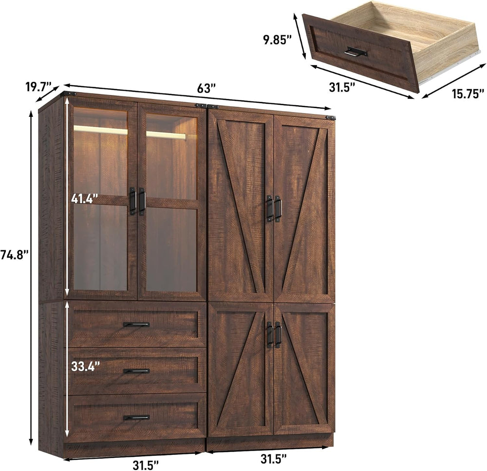75" Tall Farmhouse 4 Doors Armoire Wardrobe Closet with 3 Drawers and LE...