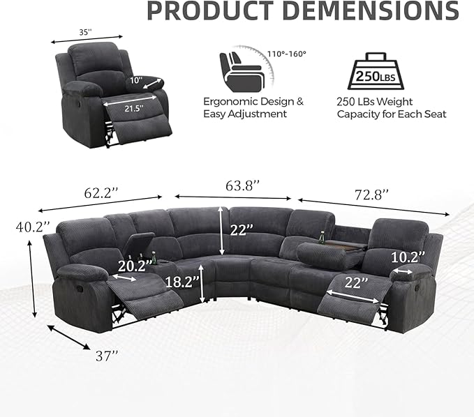 Manual Recliner Sectional Sofa Set, Corduroy L-Shaped Living Room Furniture S...