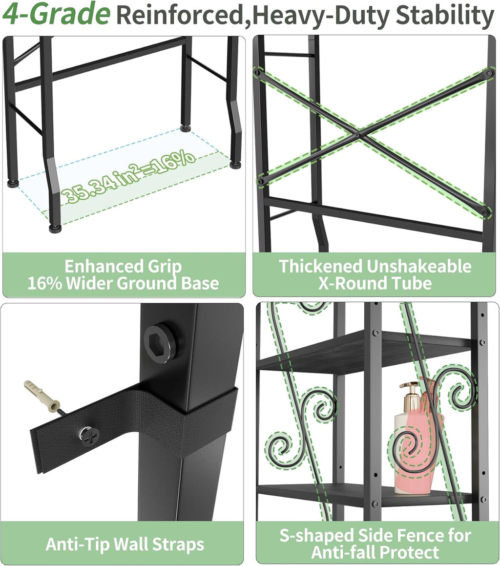 Over-The-Toilet Storage Rack 4-Tier,Bathroom Organizer Shelf Over Toilet,Adjustable Wooden Shelves and Basket,Freestanding Above Toilet Shelf,Space Saver for Rooms(Black Rack-Black Shelves)