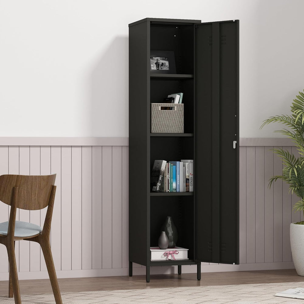 Tall Single Door Metal Locker with Adjustable Shelves, Black Tall Metal Locke...
