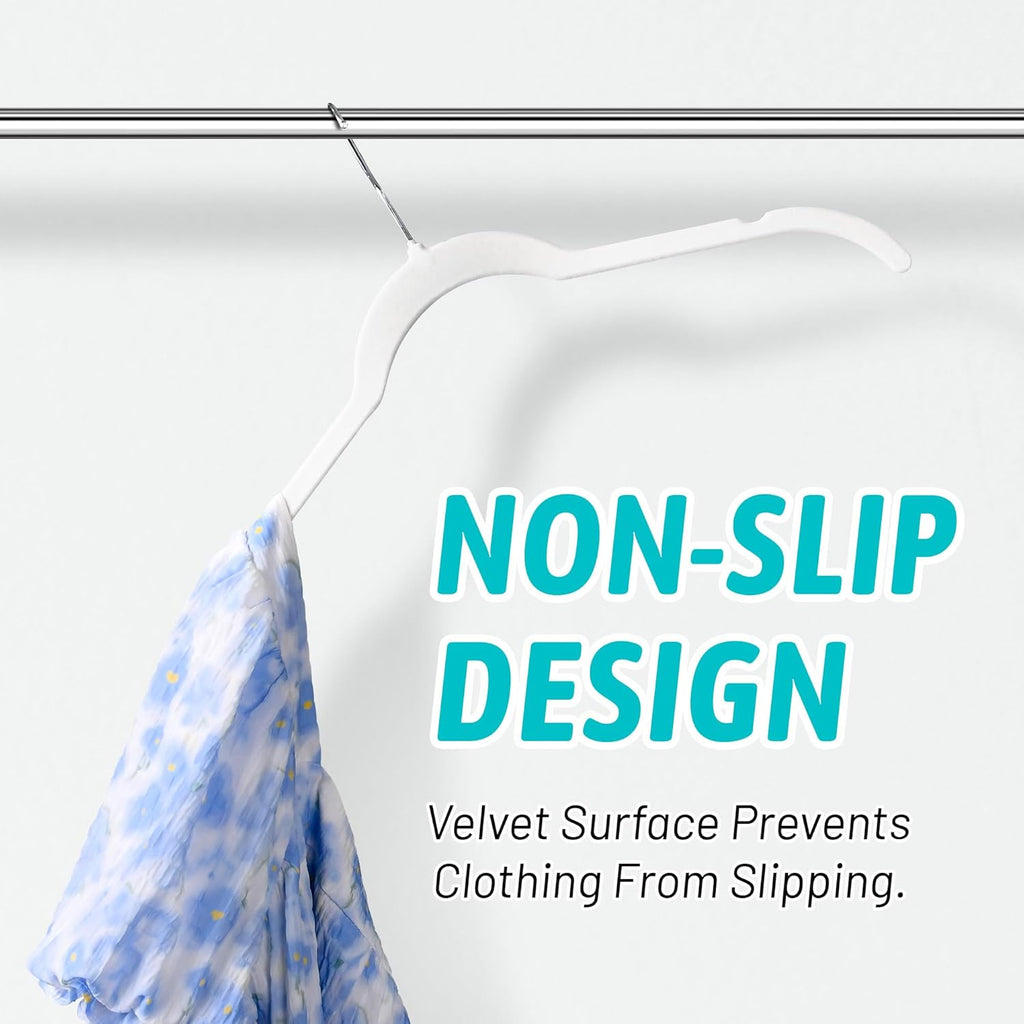 Premium Velvet Shirt Hangers 50 Pack, Non-Slip 360° Swivel Hook Slim Felt Hanger, Space Saving Flocked Hangers for Tank Tops, Blouses, Strappy Dresses(White)