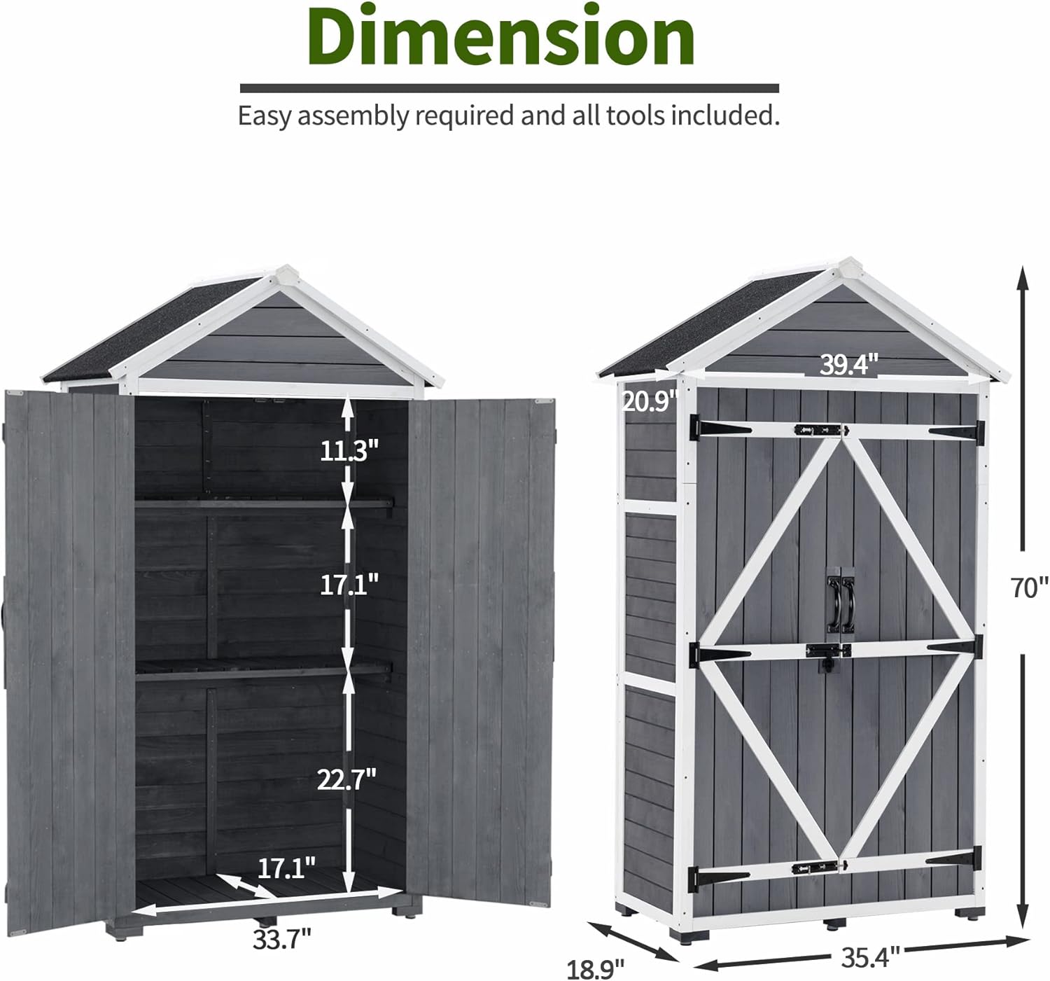 MCombo Outdoor Storage Cabinet with 2 Shelves, Outside Storage Shed with Floor, Wooden Garden Tool Shed with Latch for Yard Deck Lawn, 1000