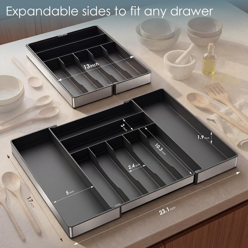 Silverware Drawer Organizer, 9 Slots Expandable Kitchen Drawer Organizer | Extra Large Utensil Holder & Cutlery Tray, Heavy Duty Stainless Steel Frame Flatware Organizer, Non-Slip Feet Included, Black