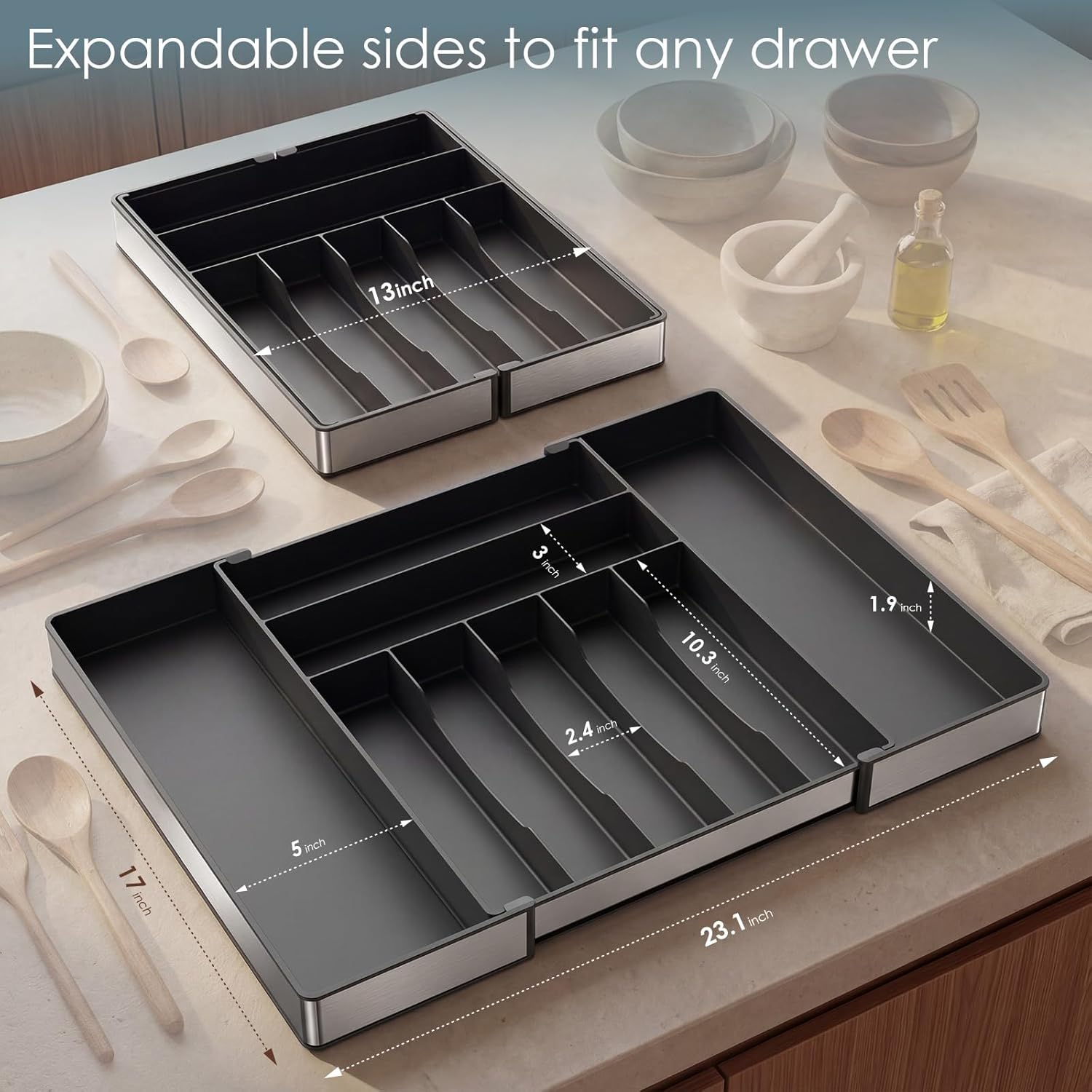 Silverware Drawer Organizer, 9 Slots Expandable Kitchen Drawer Organizer | Extra Large Utensil Holder & Cutlery Tray, Heavy Duty Stainless Steel Frame Flatware Organizer, Non-Slip Feet Included, Black