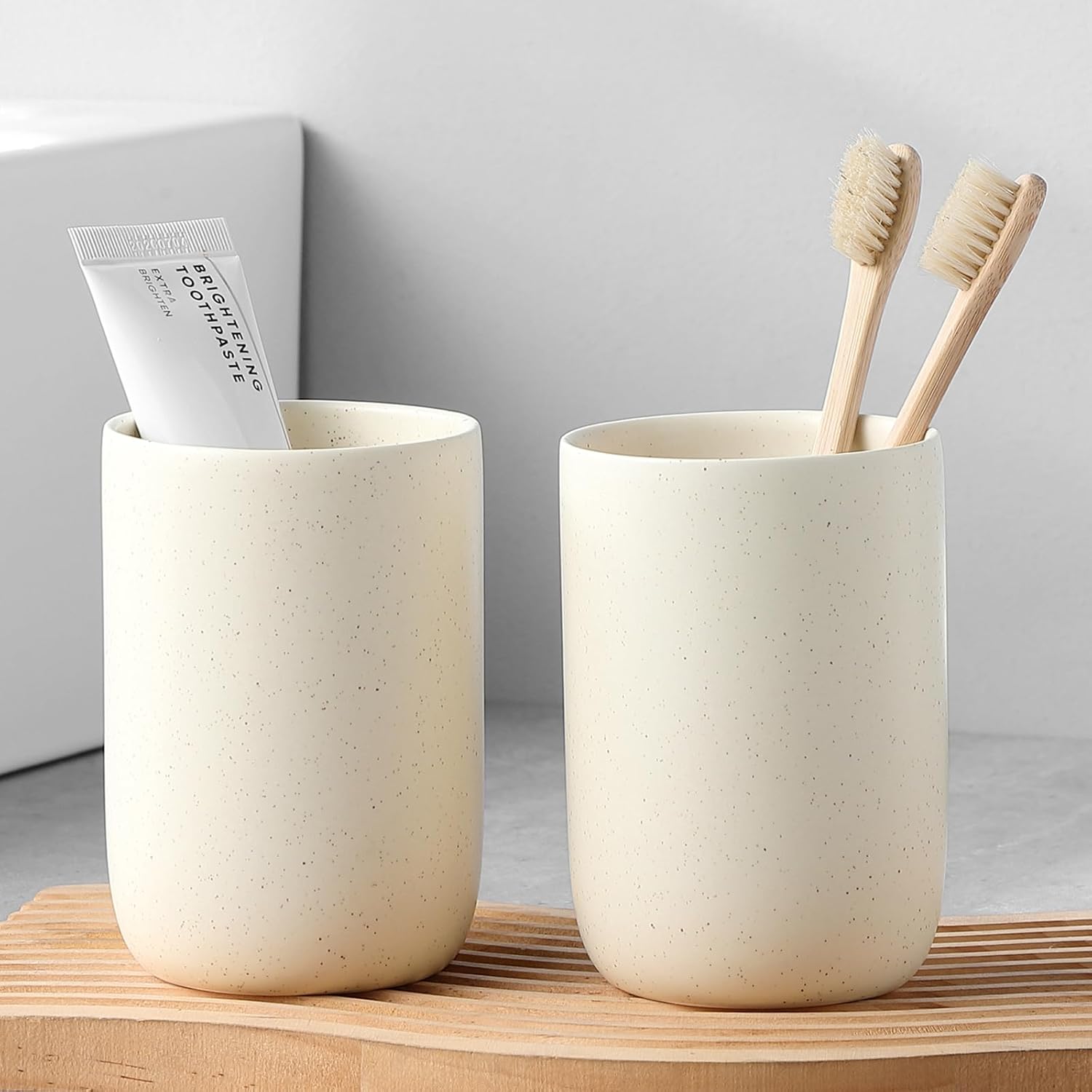 Beige Toothbrush Holders for Bathrooms - 2 Cups Ceramic Toothbrush Toothpaste Holders Set, Beige Bathroom Tumbler Cups Reusable Toothbrush Mouthwash Cup, Bathroom Counter Organizer
