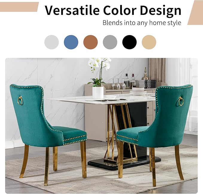 Luxury Upholstered Dining Chairs Set of 8, Green Kitchen Chair with Golden Me...