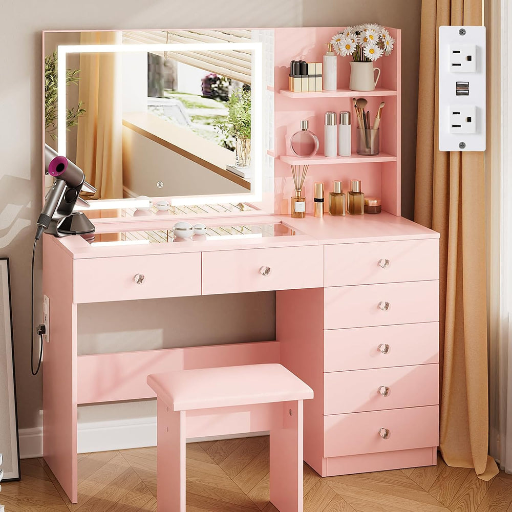 VOWNER Vanity with Mirror and Lights - 47" Glass Top Makeup Vanity Desk ...