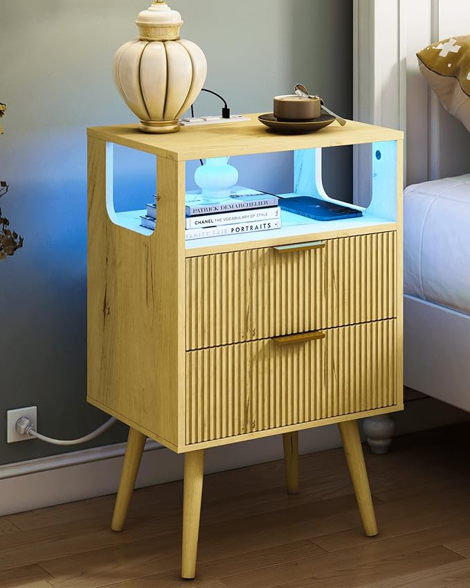 Nightstand with Charging Station and LED Lights,Modern Bedside Table with 2 S...