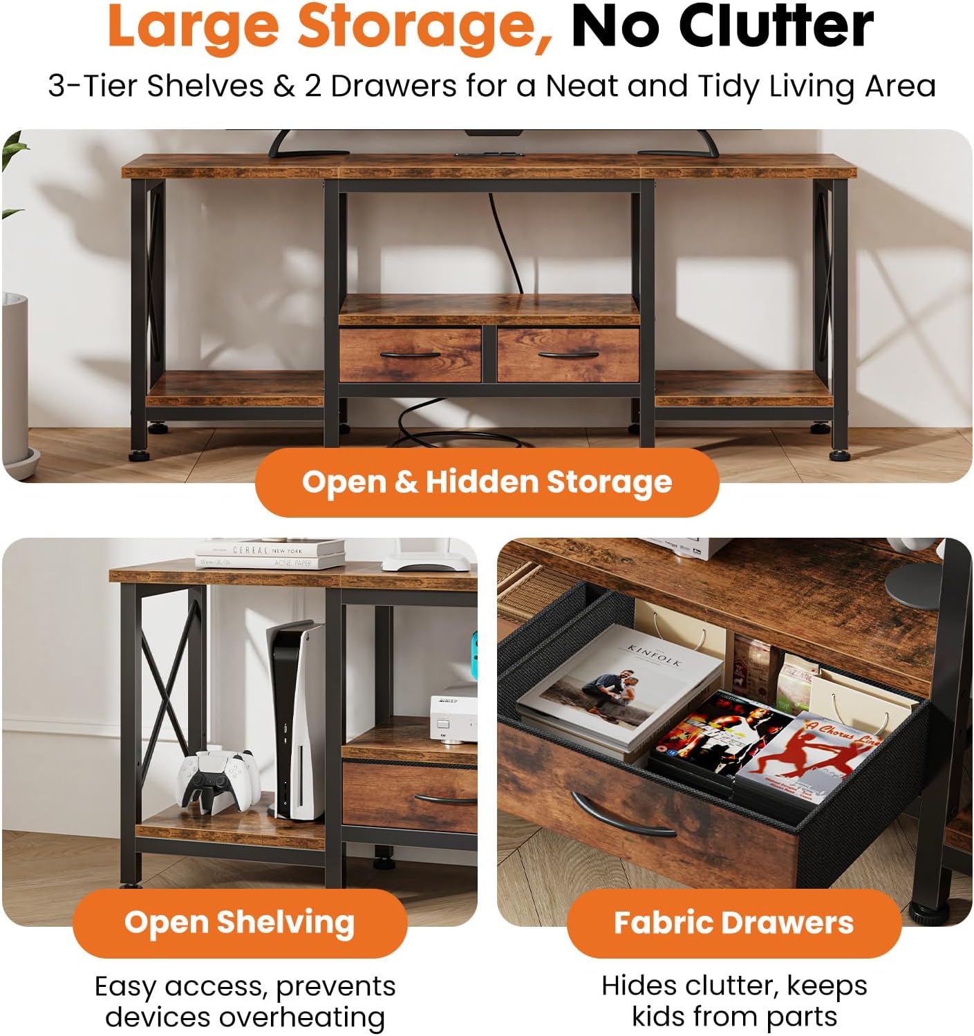 55" TV Stand with Fabric Drawers for 55/60/65 Inch TVs | TV Console Table Entertainment Center with Power Outlets & Open Storage Shelves for Living Room & Bedroom, Rustic Brown