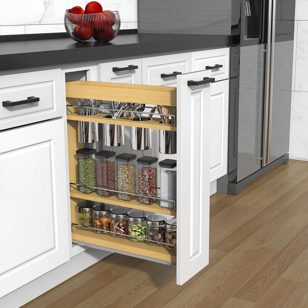 Pull Out Cabinet Organizer 8" Soft-Close Wood Pullout Shelf Organizer for Utilities Kitchen and Bathroom Base Cabinets, Slide Out Spice Rack