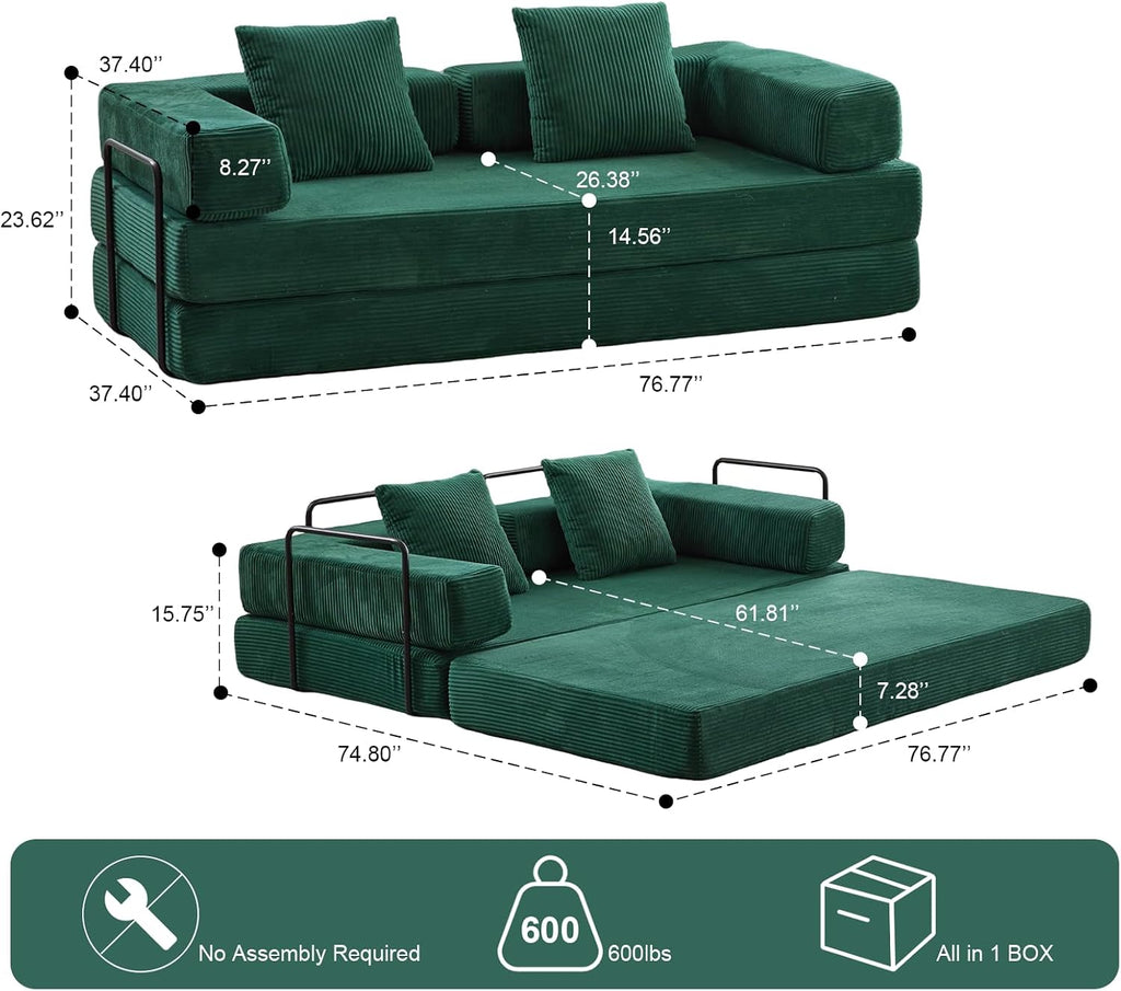 ZEIINPA Convertible Floor Sofa Bed with Fixed-Shape Frame, Modular Corduroy Folding Mattress Couch with Armrest, Floor Sofa Lounge Couch for Living Room Bedroom Lounge Studio,Emerald Green