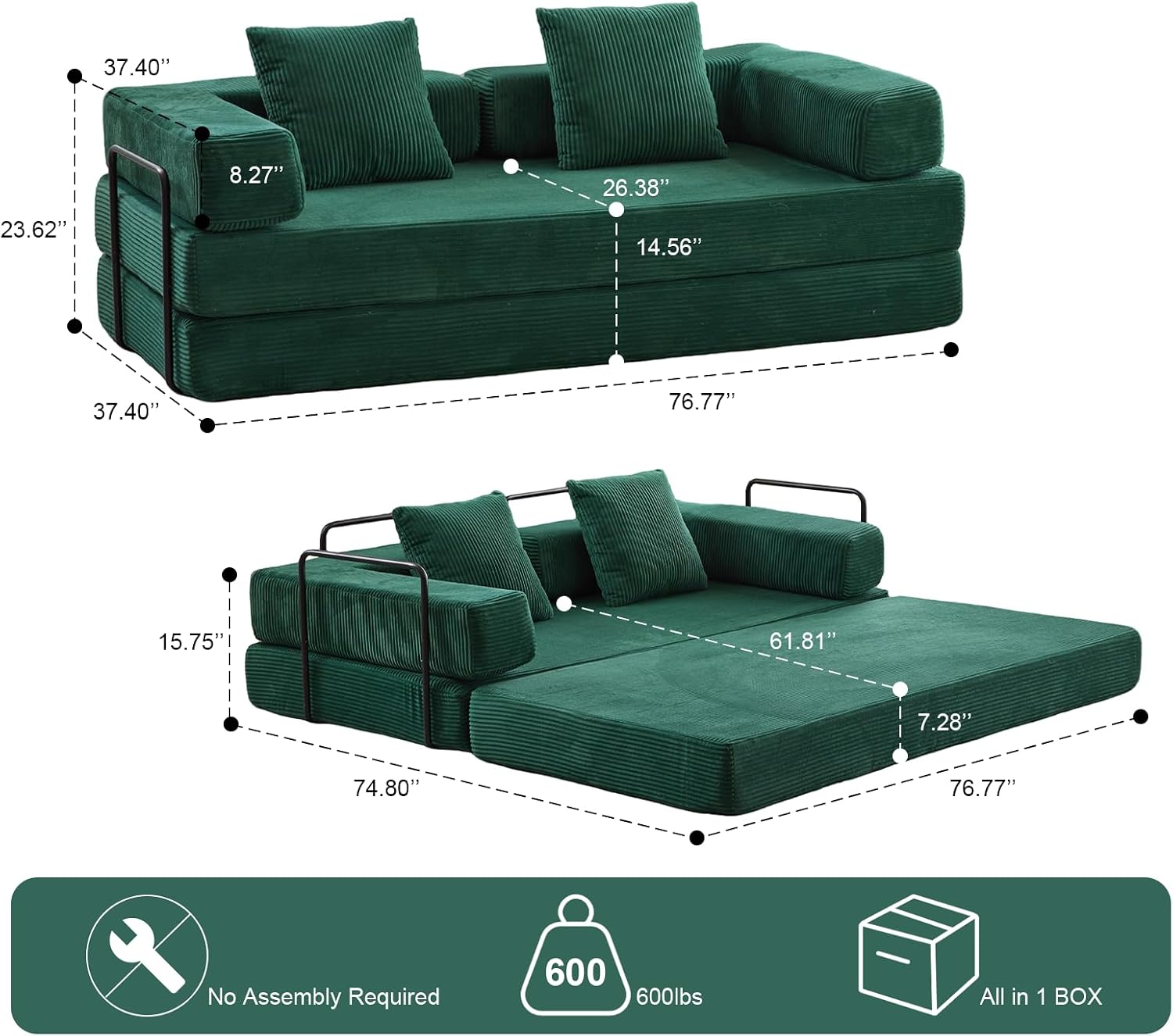 ZEIINPA Convertible Floor Sofa Bed with Fixed-Shape Frame, Modular Corduroy Folding Mattress Couch with Armrest, Floor Sofa Lounge Couch for Living Room Bedroom Lounge Studio,Emerald Green