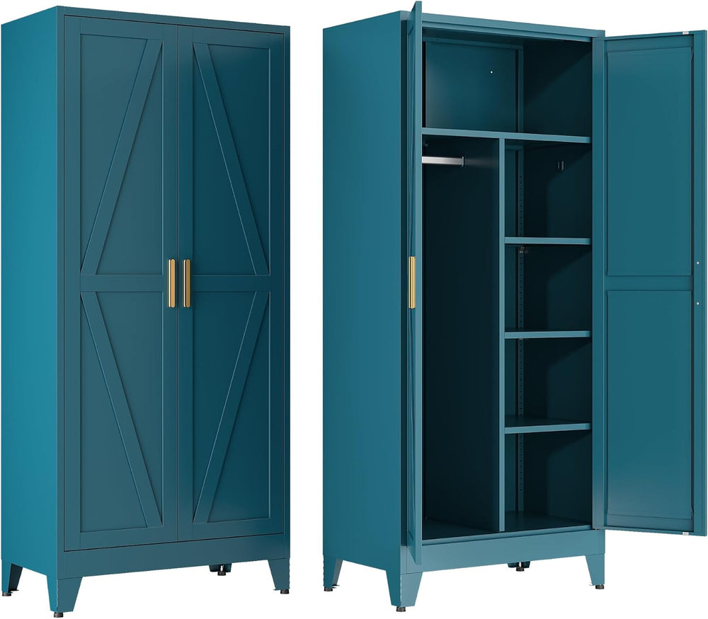 Metal Armoire Wardrobe Closet, Blue Farmhouse Storage Cabinet with Adjustable...