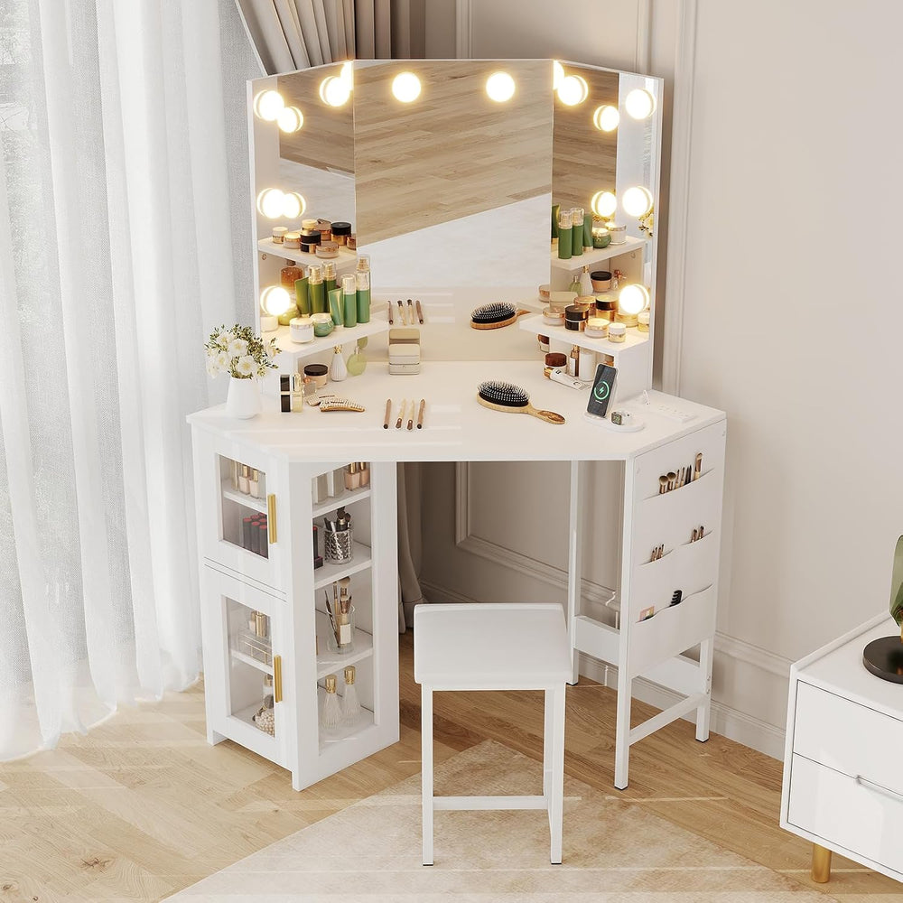 Garvee Corner Vanity Desk and Stool, Corner Makeup Vanity Set with Light | wi...