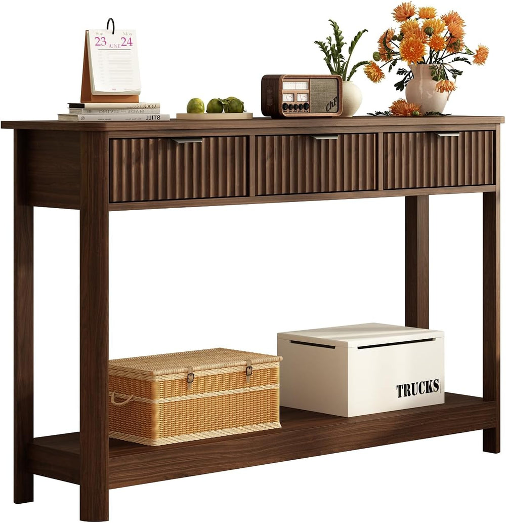 RUSTOWN Fluted Wood Console Table with 3 Drawers, 47.2" Boho Entryway Ta...