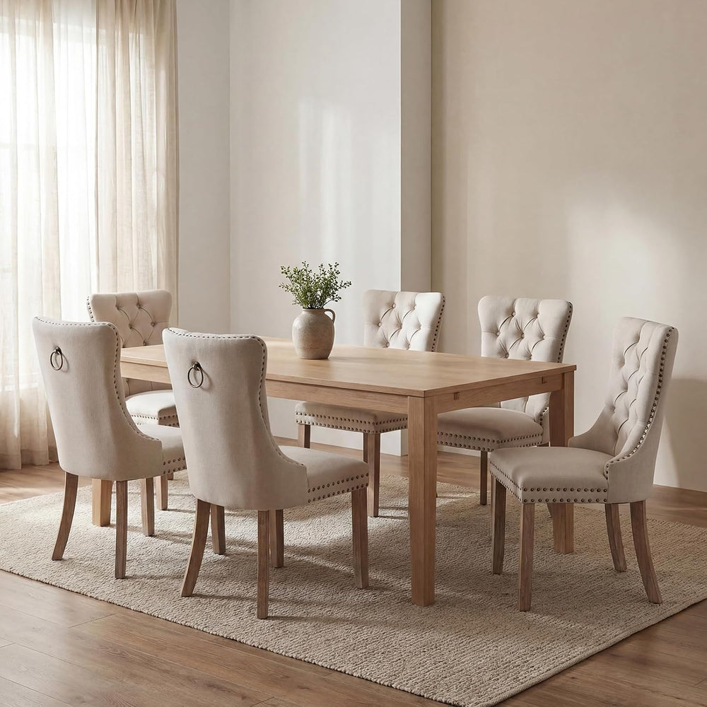Beige Linen Dining Chairs Set of 6, Fabric Upholstered Kitchen & Dining R...