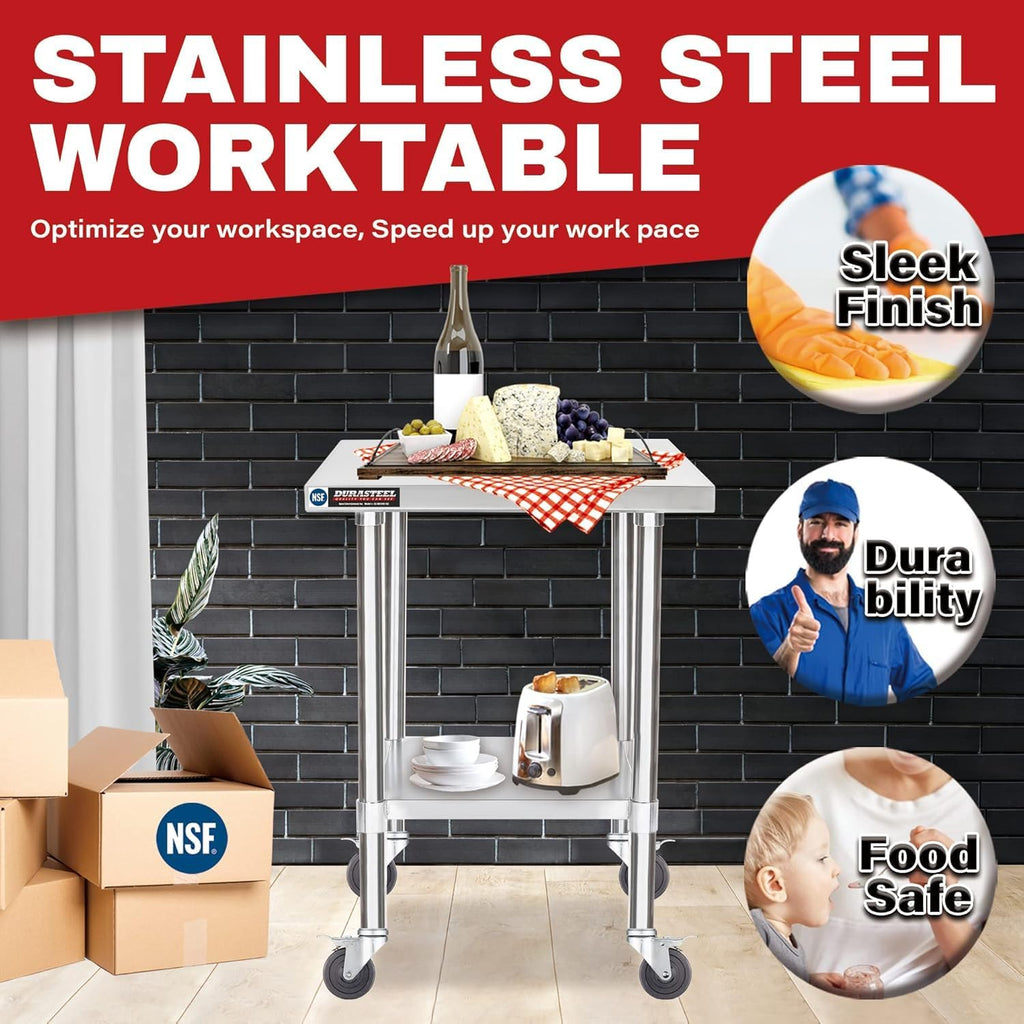 DuraSteel 24x18 NSF Stainless Steel Cart Work Table - Heavy Duty Rolling Food Prep Table - Metal Utility Cart on Wheels Caster, Grill Stand Microwave Outdoor Kitchen Tables Countertop Island Large Top