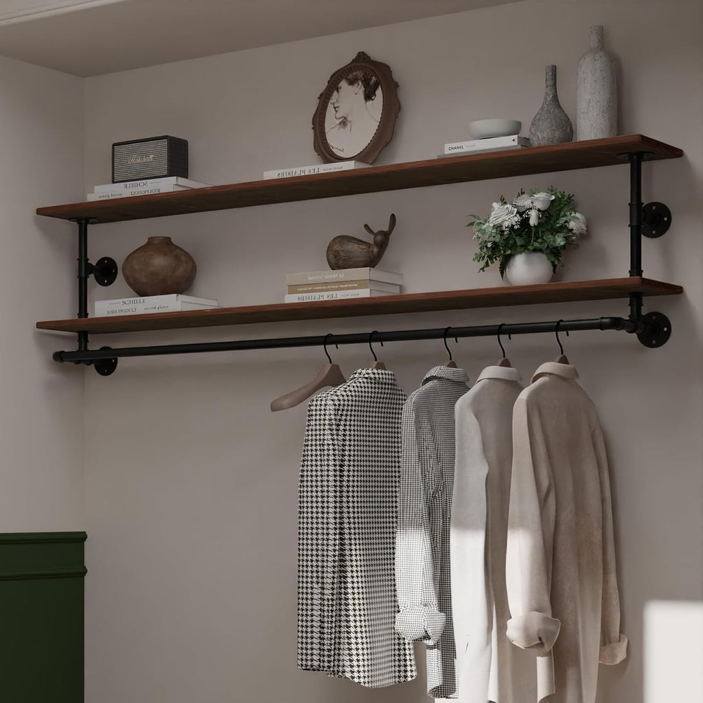 Clothes Rack 55in, 2-Tier Wall Mounted Garment Rack with Real Wood Shelf, Heavy Duty Hanging Clothes Rack, Multi-Purpose Hanging Rod, Space-Saving Closet Storage