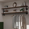 Clothes Rack 55in, 2-Tier Wall Mounted Garment Rack with Real Wood Shelf, Heavy Duty Hanging Clothes Rack, Multi-Purpose Hanging Rod, Space-Saving Closet Storage