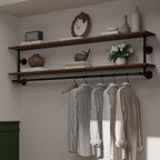 Clothes Rack 55in, 2-Tier Wall Mounted Garment Rack with Real Wood Shelf, Heavy Duty Hanging Clothes Rack, Multi-Purpose Hanging Rod, Space-Saving Closet Storage